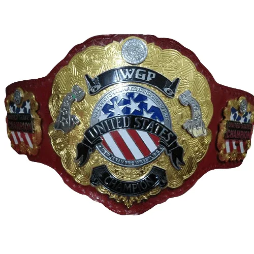 IWGP United States Championship replica belt full view with gold and stars and stripes centre plate on red leather strap