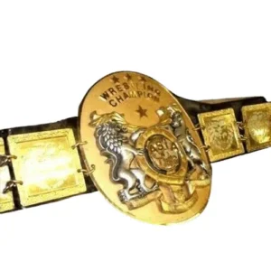 Asia Tag Team Championship replica belt full view with gold plates on hand-tooled cowhide strap