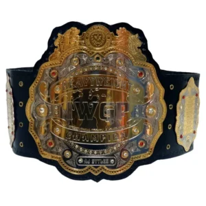 IWGP Heavyweight Championship replica belt full view with gold centre plate and lion motif on cowhide strap