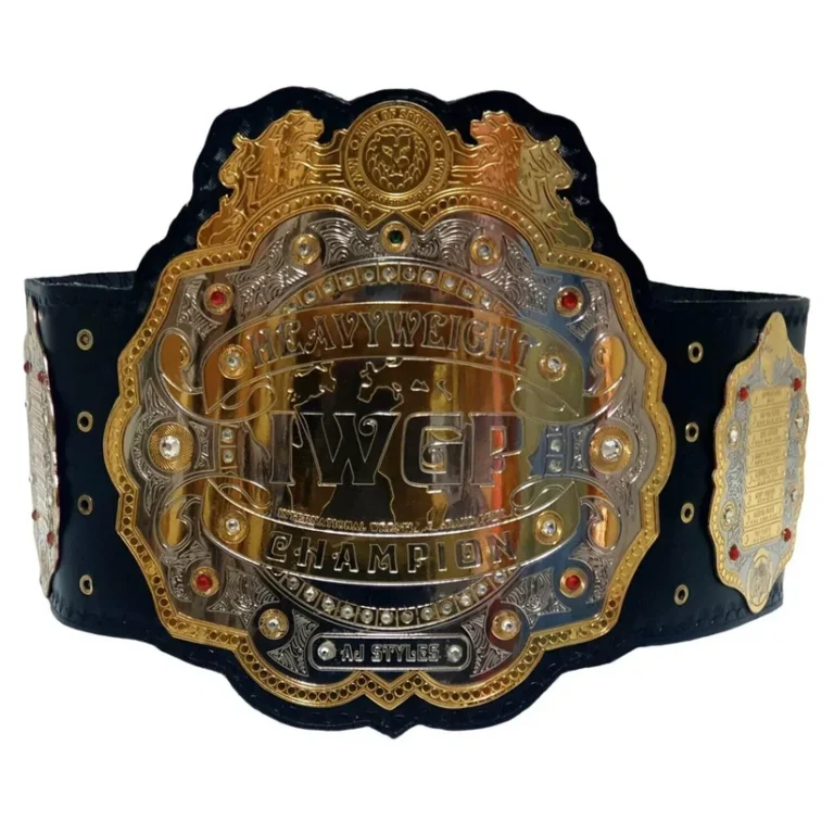 IWGP Heavyweight Championship replica belt full view with gold centre plate and lion motif on cowhide strap