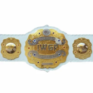 IWGP Intercontinental Championship replica belt full view with gold plates on white leather strap