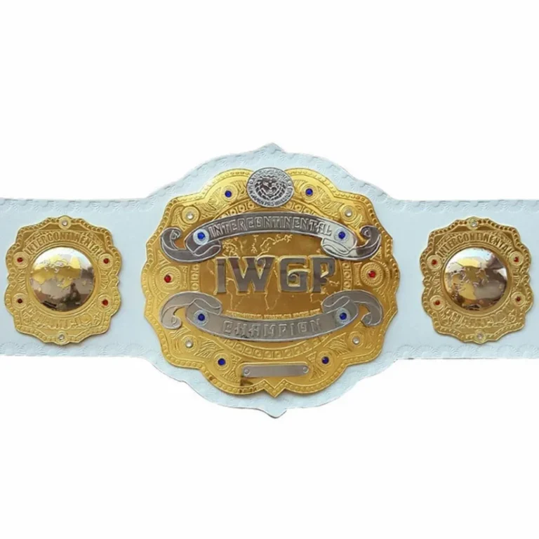 IWGP Intercontinental Championship replica belt full view with gold plates on white leather strap