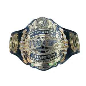 IWGP International Wrestling Grand Prix championship title belt with gold centre plate and lion motif on cowhide strap