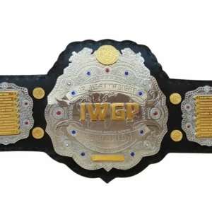 IWGP Junior Heavyweight Championship replica belt full view with gold plates on hand-tooled cowhide strap