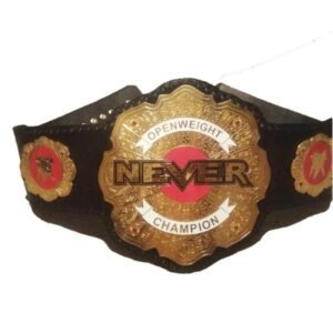 NEVER Openweight Championship replica belt full view with centre plate and side plates on cowhide strap