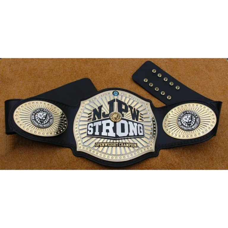 NJPW Strong Openweight Championship replica belt full view with layered main plate and two side plates on black leather strap