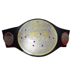 IWGP Tag Team Championship replica belt pair full view with matching gold centre plates on cowhide straps