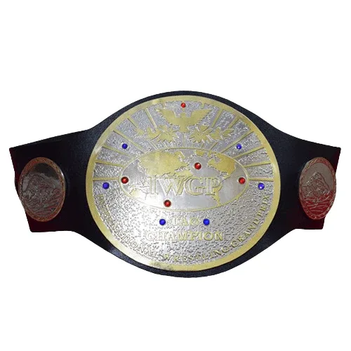 IWGP Tag Team Championship replica belt pair full view with matching gold centre plates on cowhide straps