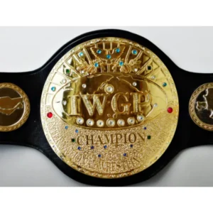 IWGP V1 Heavyweight Championship replica belt full view with gold centre plate and lion motif on cowhide strap