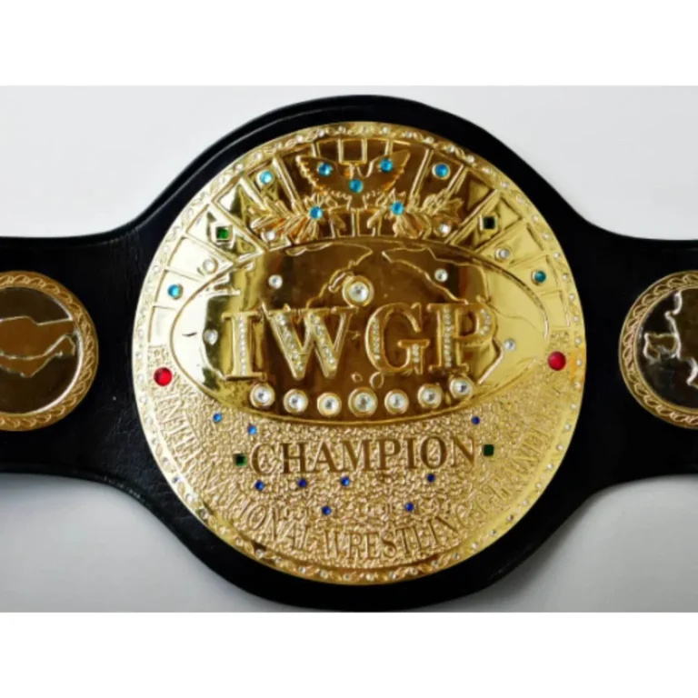 IWGP V1 Heavyweight Championship replica belt full view with gold centre plate and lion motif on cowhide strap