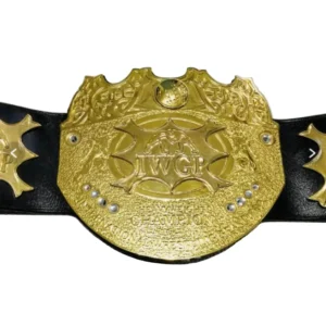 IWGP V2 Heavyweight Championship replica belt full view with gold centre plate and four side plates on cowhide strap