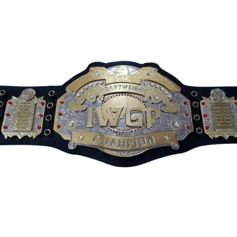 IWGP V3 Heavyweight Championship replica belt full view with gold center plate on cowhide strap