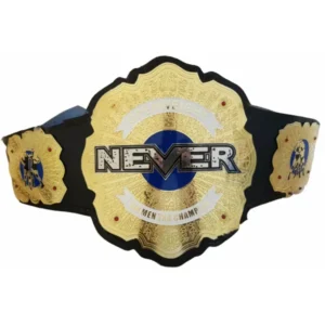 NEVER Openweight 6-Man Tag Team Championship replica belt set of three with matching plates on cowhide straps