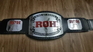 Ring of Honor Wrestling Championship replica belt full view with silver classic plates on cowhide strap