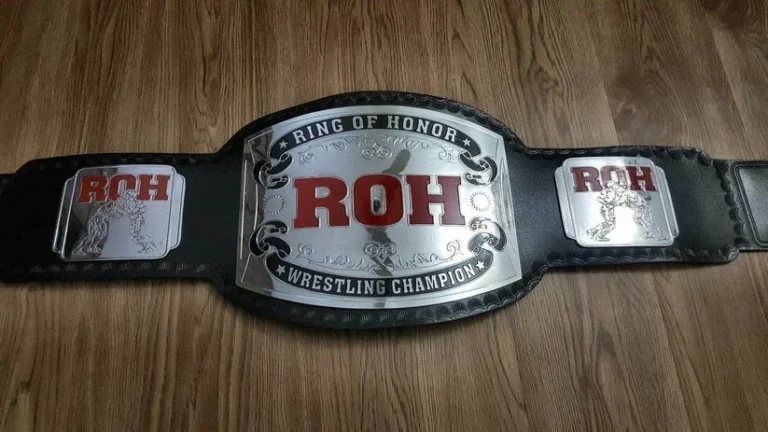 Ring of Honor Wrestling Championship replica belt full view with silver classic plates on cowhide strap