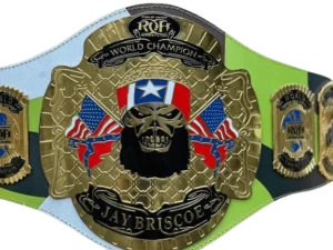 Jay Briscoe tribute replica belt full view with custom skull centre plate on hand-tooled cowhide strap