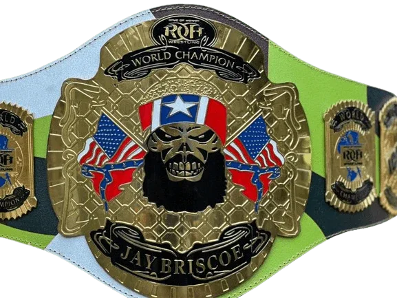 Jay Briscoe tribute replica belt full view with custom skull centre plate on hand-tooled cowhide strap