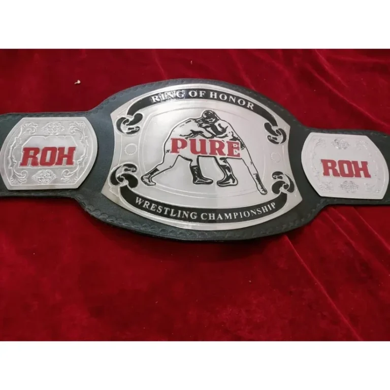 ROH Pure Championship replica belt full view with silver grappler centre plate on cowhide strap
