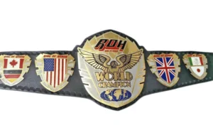 ROH World Championship replica belt full view with gold eagle and flags centre plate on cowhide strap