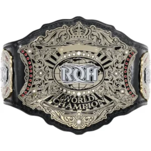 ROH World Championship replica belt full view with ornate gold crown centre plate on cowhide strap