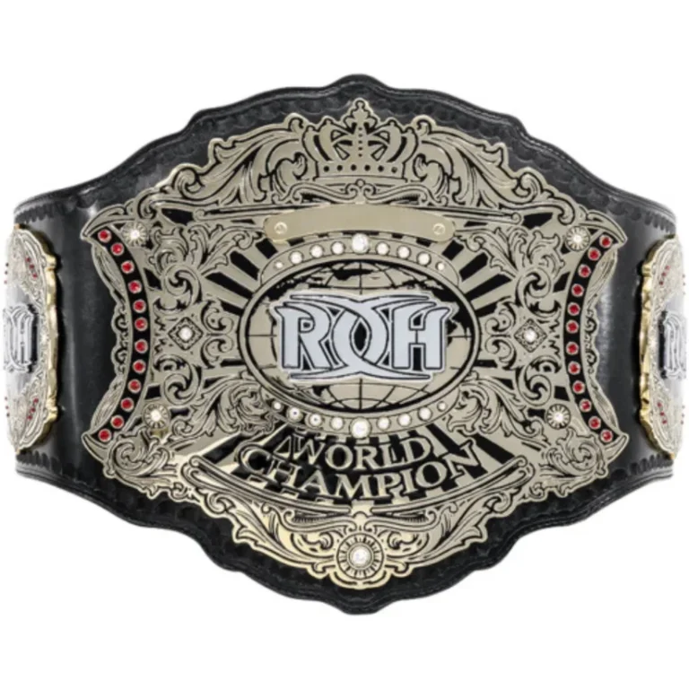 ROH World Championship replica belt full view with ornate gold crown centre plate on cowhide strap