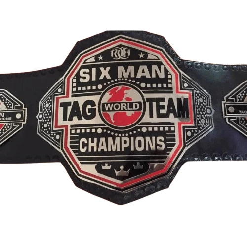 ROH World Six-Man Tag Team replica belt full view with octagon red globe plate on cowhide strap