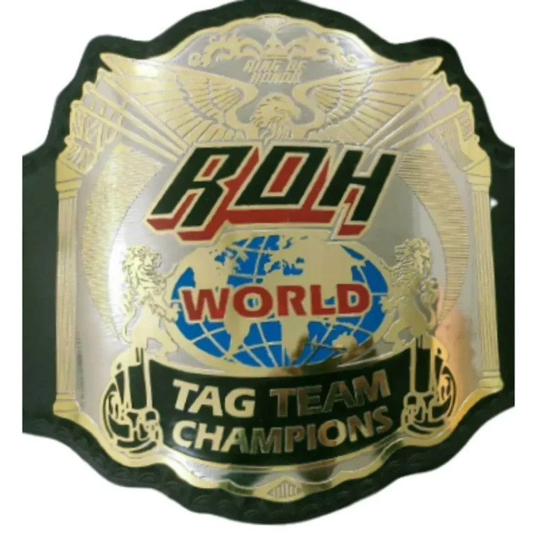 ROH World Tag Team Championship replica belt full view with eagle and lions globe plates on cowhide strap