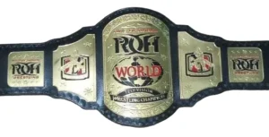 ROH World Television Championship replica belt full view with gold globe centre plate on cowhide strap