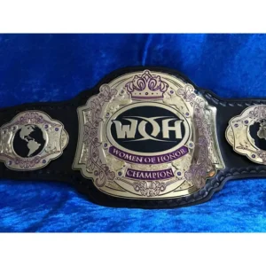 Women of Honor World Championship replica belt full view with gold crown centre plate on purple leather strap