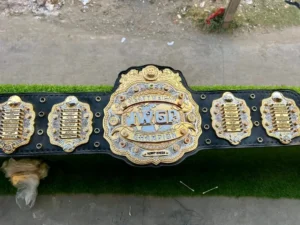 IWGP double stacked heavyweight replica belt full view with two-layer gold and nickel plates on cowhide strap