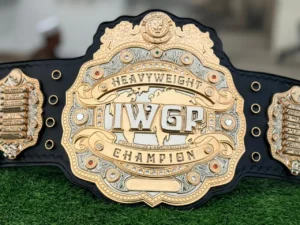 IWGP V4 Heavyweight Championship replica belt full view with gold centre plate and lion motif on cowhide strap