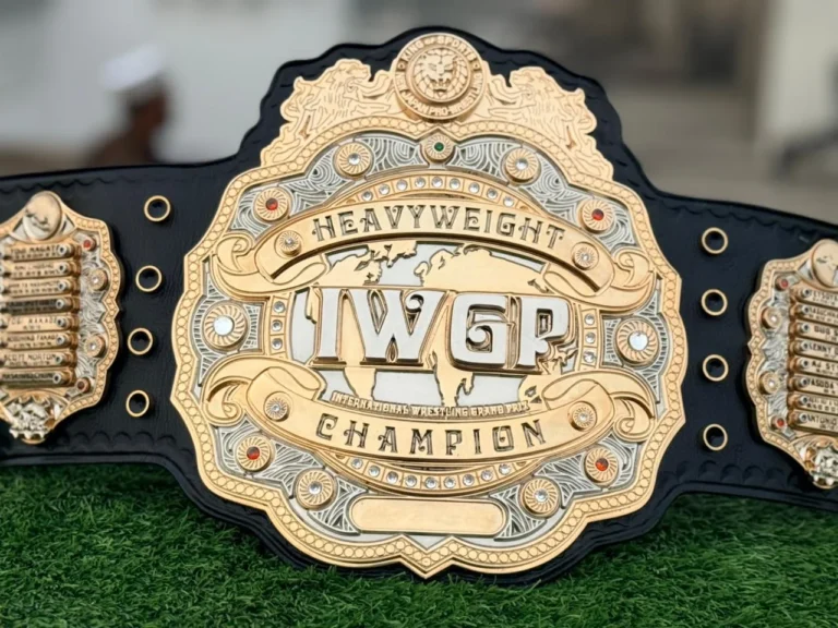 IWGP V4 Heavyweight Championship replica belt full view with gold centre plate and lion motif on cowhide strap
