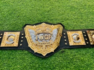 IWGP V5 Heavyweight Championship replica belt full view with gold and silver plates on black leather strap